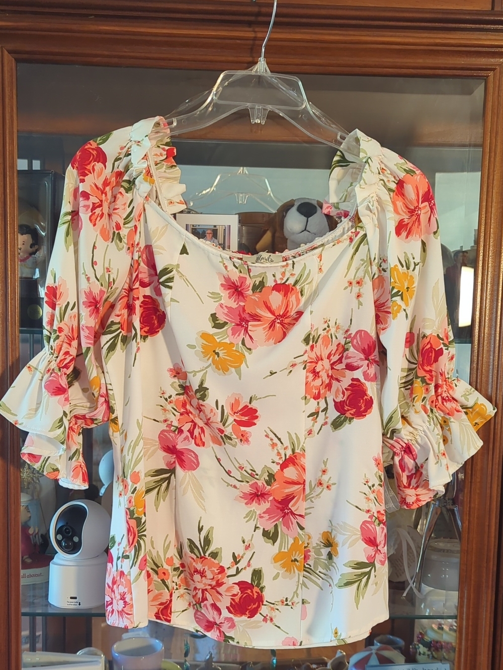 Floral Ruffle Sleeve Blouse in White with Pink & Yellow Blooms